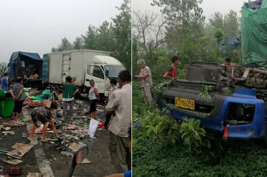 河河南鄧州境內兩貨車深夜追尾 半掛車車頭被撞掉